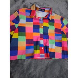Patchwork Colors Box Fun Pattern Bright Collared Crop Button Up Short Sleeve L